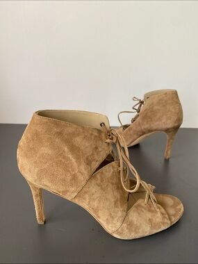 Via Spiga Tan Suede Lace-Up Open-Toe High-Heel Sandals Boho Chic Feminine Luxury
